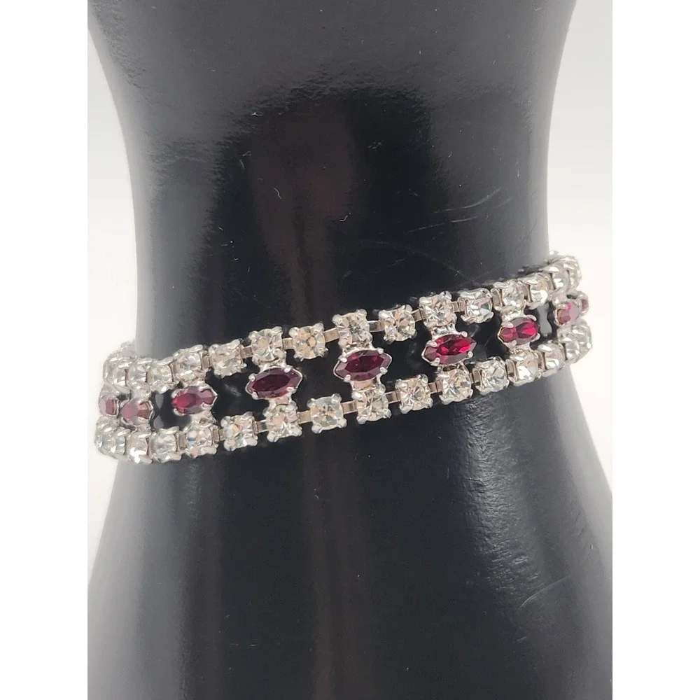 Vintage B David Ruby Red Clear Rhinestone Triple Strand Bracelet Silver Tone 7in